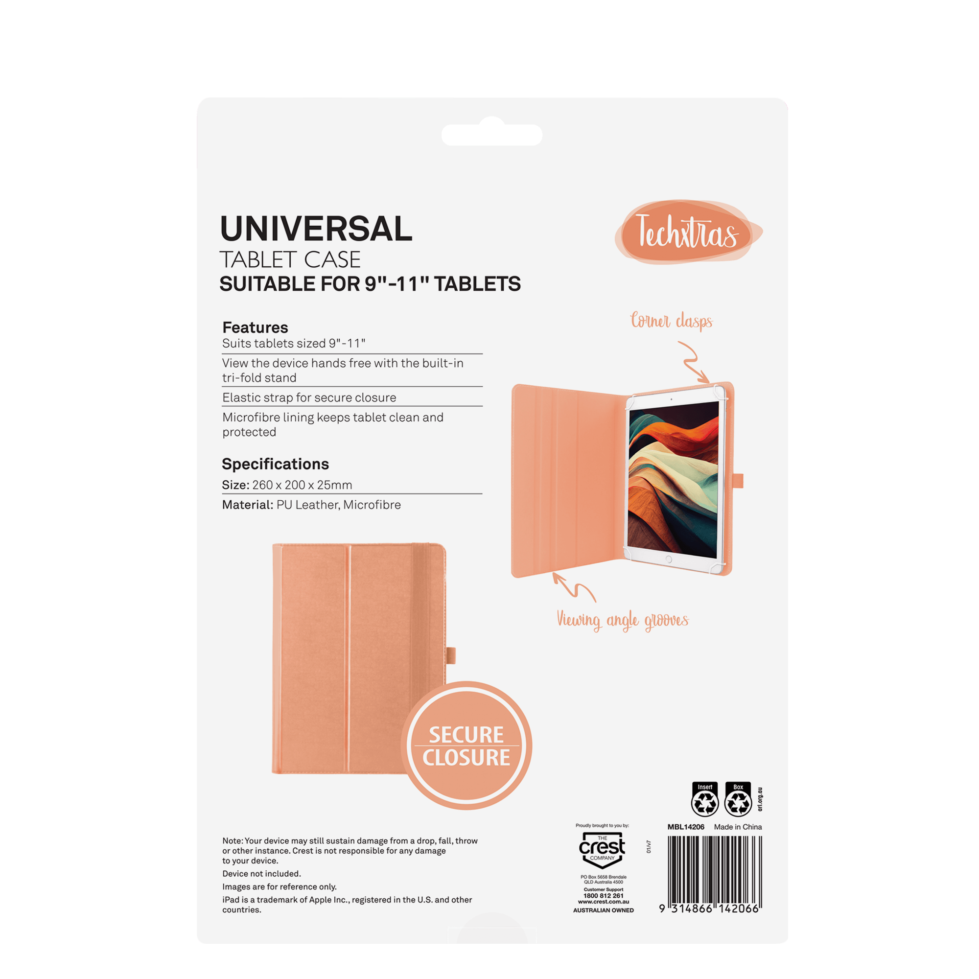 TechXtras Universal Tablet Case iPad 9" to 11'' - Peach